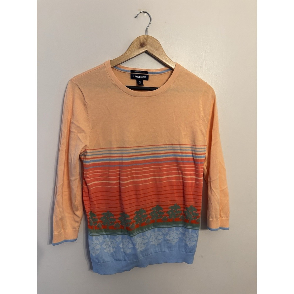 Lands End Women's Supima Cotton Sweater Peach Stripe Trees Sunset Medium (10-12)